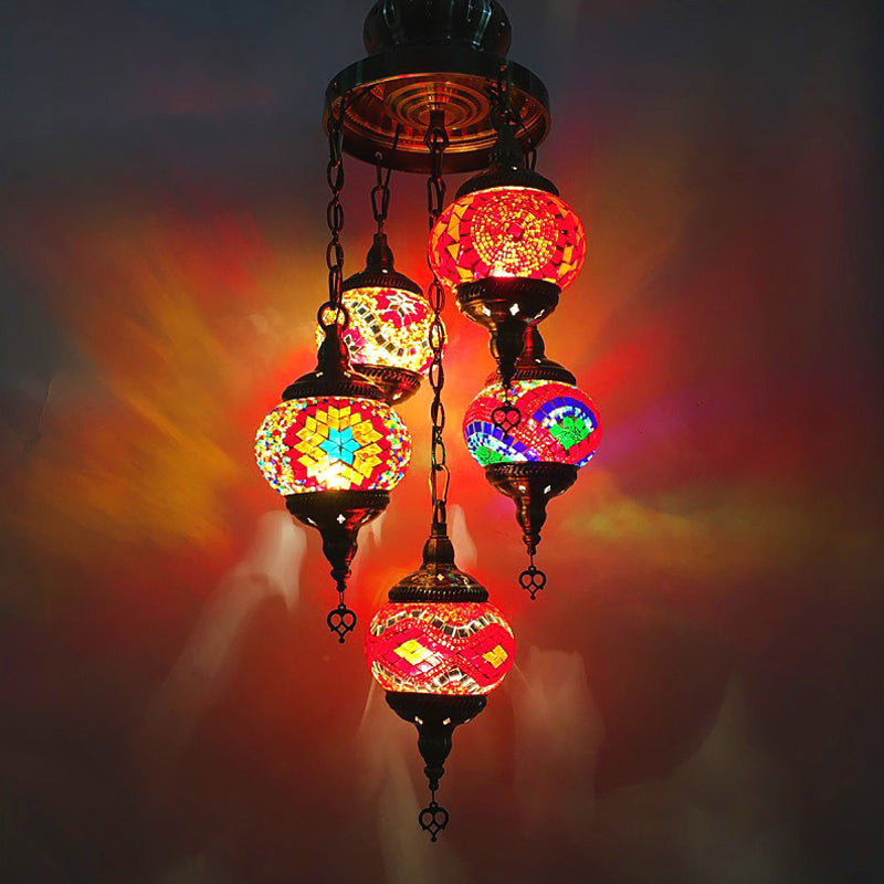 Iluminación de lámpara de sala ovalada vidrieras tradicionales 5 cabezas blanca/naranja/azul colgante techo luz