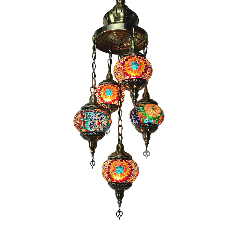 Oval Living Room Chandelier Lighting Traditional Stained Glass 5 Heads White/Orange/Blue Hanging Ceiling Light