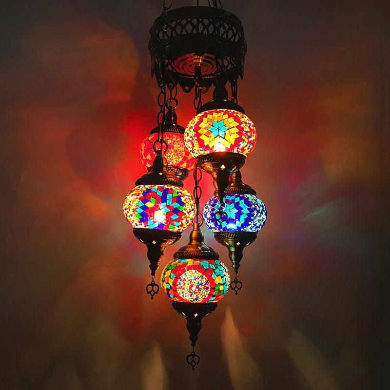 Luminaire de lustre ovale vintage 5 têtes talons lampe de pendaison d'art tachée pour la chambre en orange / bleu