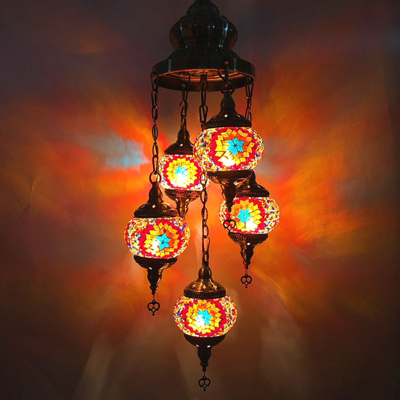 Vintage Oval Chandelier Light Fixture 5 Heads Stained Art Glass Hanging Lamp for Bedroom in Orange/Blue
