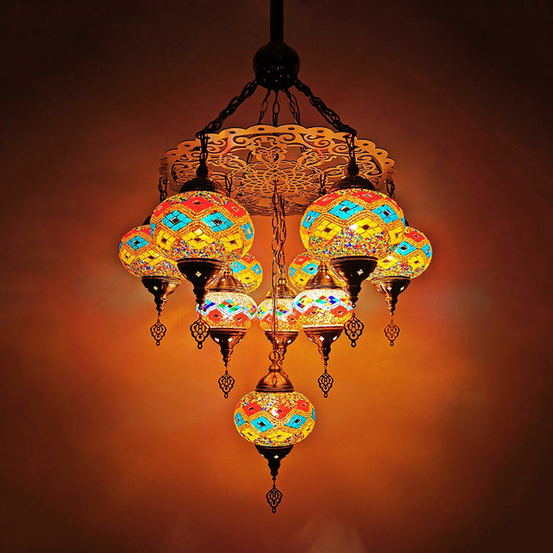 Hand Cut Glass White/Yellow/Orange Chandelier Lamp Oval 10 Lights Traditional Suspension Light for Dining Room