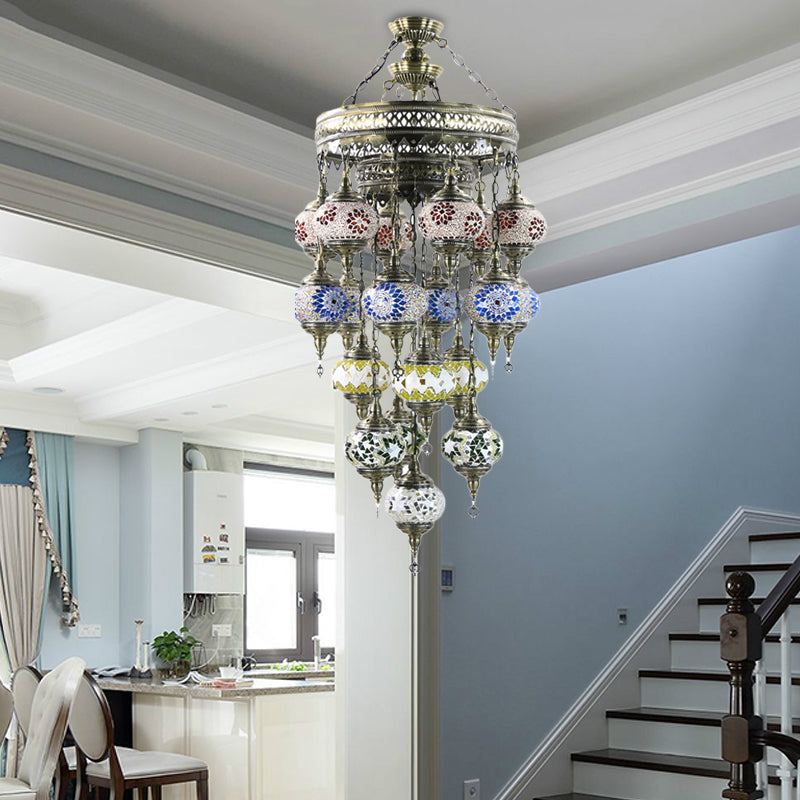 Chandelier de plafond de verre d'art coloré ovale traditionnel 19 têtes escaliers suspendus légers en bleu
