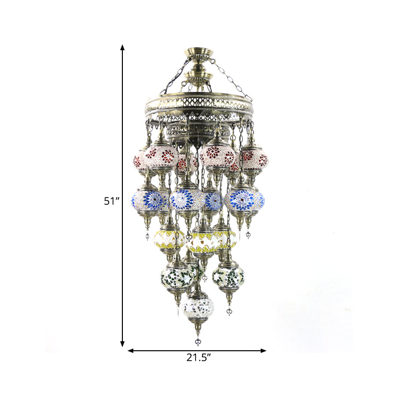 Oval Stained Art Glass Ceiling Chandelier Traditional 19 Heads Stairway Hanging Pendant Light in Blue