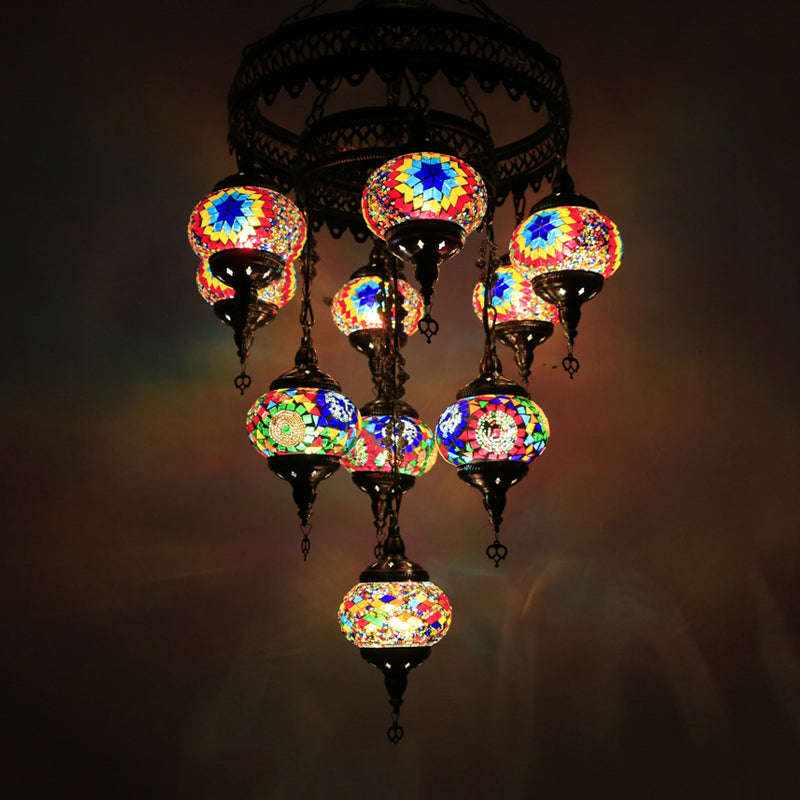 10 Heads Oval Hanging Light Fixture Traditional Red/Pink/Yellow Multicolored Stained Glass Chandelier Lamp