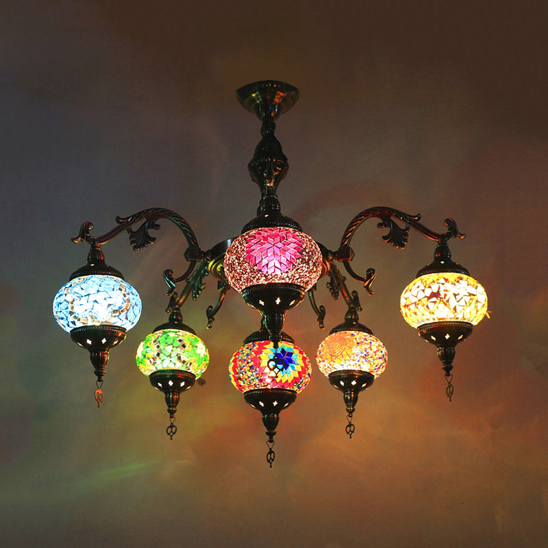 Buntglasbronze hängende Kronleuchter oval 6 Köpfe traditionelle Federung Licht
