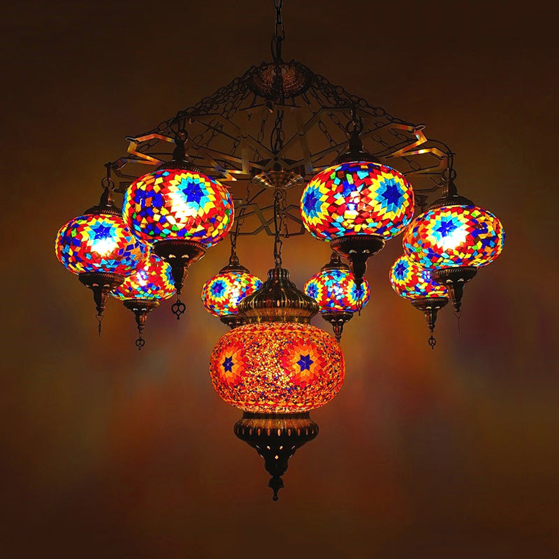 Lámpara de lámpara ovalada vintage 9 cabezas de arte manchado de vidrio lámpara de techo colgante en rojo/azul