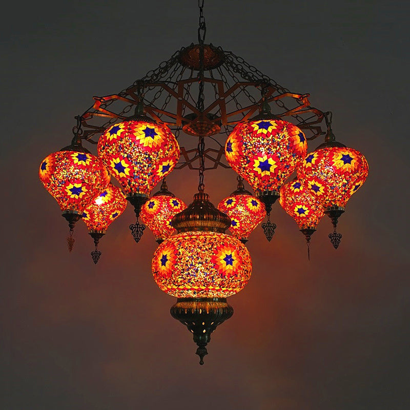 Lámpara de lámpara ovalada vintage 9 cabezas de arte manchado de vidrio lámpara de techo colgante en rojo/azul