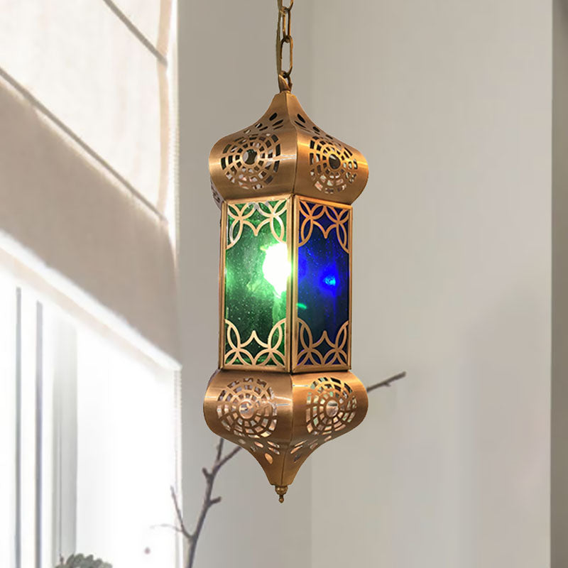 Lantern Metal Hanging Light Kit Retro 1 Light Living Room Pendant Ceiling Lamp in Blue