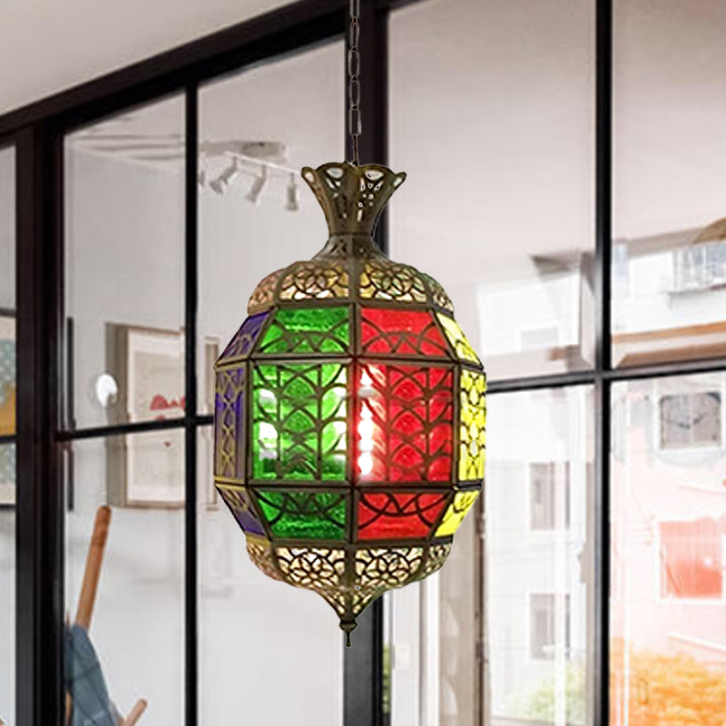 Metallic Lantern Pendant Lamp Vintage 1 Light Balcony Hanging Ceiling Lighting in Red