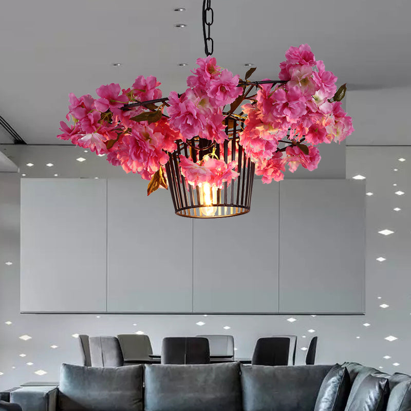 18"/23.5" W 1 Light Suspension Pendant Light Industrial Cage Metal Ceiling Hang Fixture in Black with Cherry Blossom