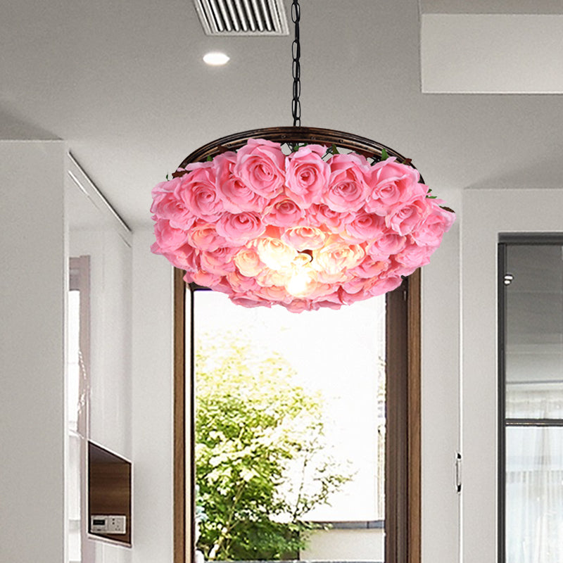 Metal Brass Ceiling Lamp Round 1 Head Industrial LED Pendant Light Fixture with Rose Decoration, 13"/18"/21.5" W