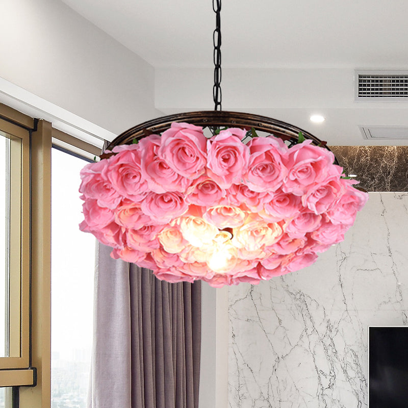 Metal Brass Ceiling Lamp Round 1 Head Industrial LED Pendant Light Fixture with Rose Decoration, 13"/18"/21.5" W