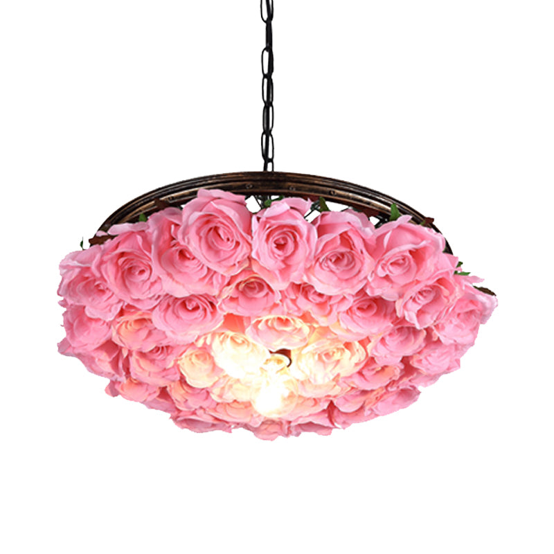 Metal Brass Ceiling Lamp Round 1 Head Industrial LED Pendant Light Fixture with Rose Decoration, 13"/18"/21.5" W