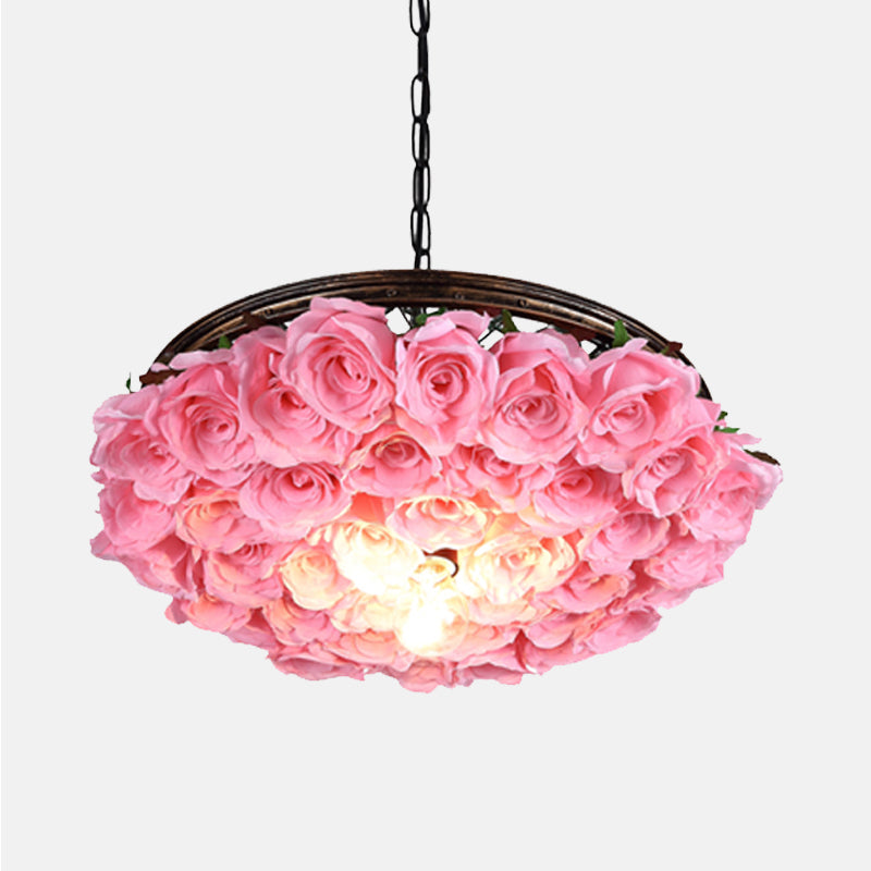 Metal Brass Ceiling Lamp Round 1 Head Industrial LED Pendant Light Fixture with Rose Decoration, 13"/18"/21.5" W