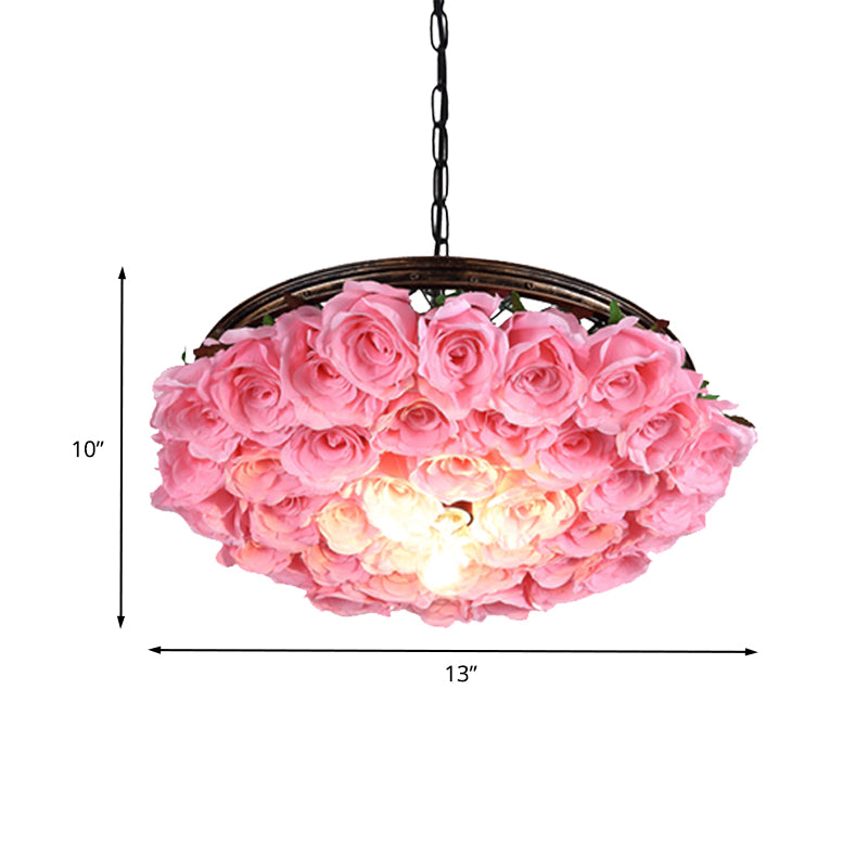 Metal Brass Ceiling Lamp Round 1 Head Industrial LED Pendant Light Fixture with Rose Decoration, 13"/18"/21.5" W