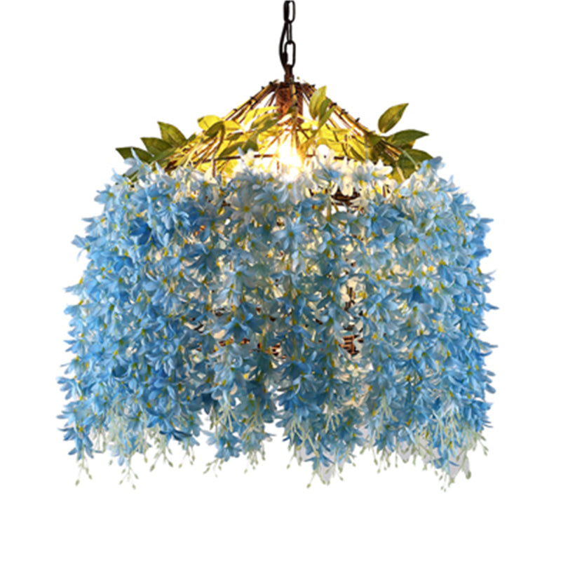 1 Head Ceiling Hang Fixture Industrial Restaurant LED Hanging Lamp Kit with Blossom Metal Shade in Blue/Yellow