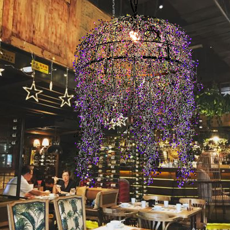 Purple Bowl Ceiling Suspension Lamp Industrial Metal 1 Bulb Restaurant LED Pendant Light with Flower Decor