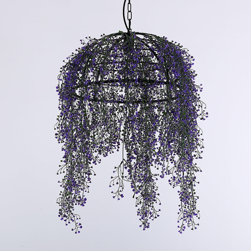 Purple Bowl Ceiling Suspension Lamp Industrial Metal 1 Bulb Restaurant LED Pendant Light with Flower Decor