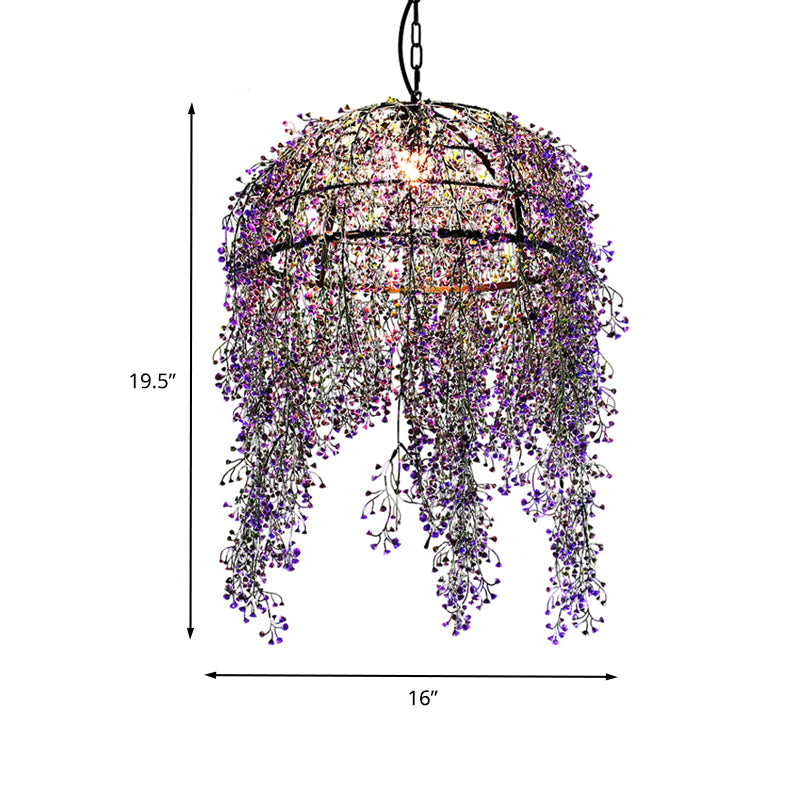 Purple Bowl Ceiling Suspension Lamp Industrial Metal 1 Bulb Restaurant LED Pendant Light with Flower Decor