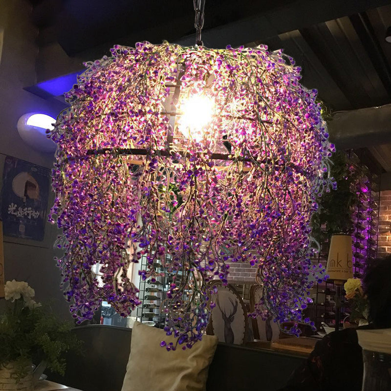 Metal Dome Drop Lamp Vintage 1 Light Restaurant LED Pendant Lighting in Purple with Flower Decoration