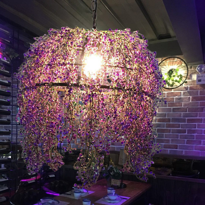 Metal Dome Drop Lamp Vintage 1 Light Restaurant LED Pendant Lighting in Purple with Flower Decoration