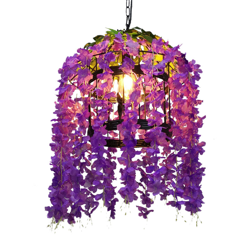 Vintage Drum Drop Pendant 1 Light Metal LED Flower Hanging Light Kit in Pink/Purple for Restaurant