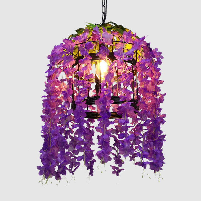 Vintage Drum Drop Pendant 1 Light Metal LED Flower Hanging Light Kit in Pink/Purple for Restaurant