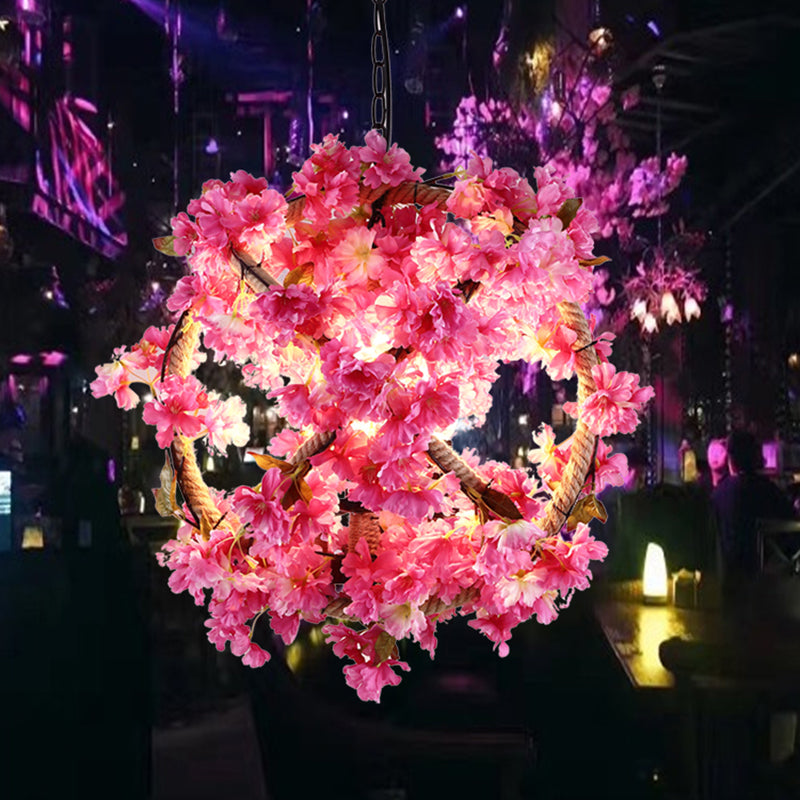 Pink Ball Pendant Light Retro Metal 1 Head Restaurant LED Ceiling Lamp with Flower Decoration, 14"/18"/19.5" Dia