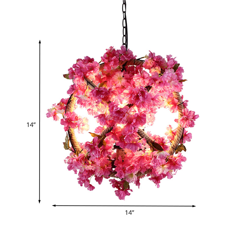 Pink Ball Pendant Light Retro Metal 1 Head Restaurant LED Ceiling Lamp with Flower Decoration, 14"/18"/19.5" Dia