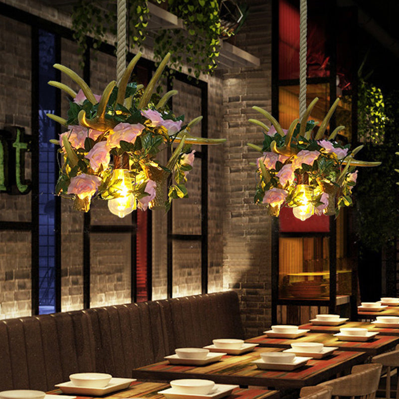 Iluminación colgante de restaurantes de asta de metal industrial 1 bombilla rosa/rojo led flores luminosos lámparas colgantes