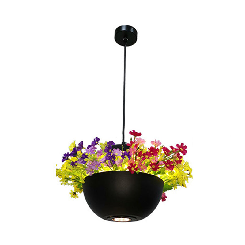 Industrial Bowl Flower Hanging Light 1 Bulb Metal LED Ceiling Suspension Lamp in Black for Restaurant