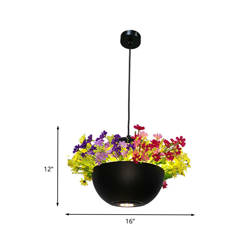 Industrial Bowl Flower Hanging Light 1 Bulb Metal LED Ceiling Suspension Lamp in Black for Restaurant