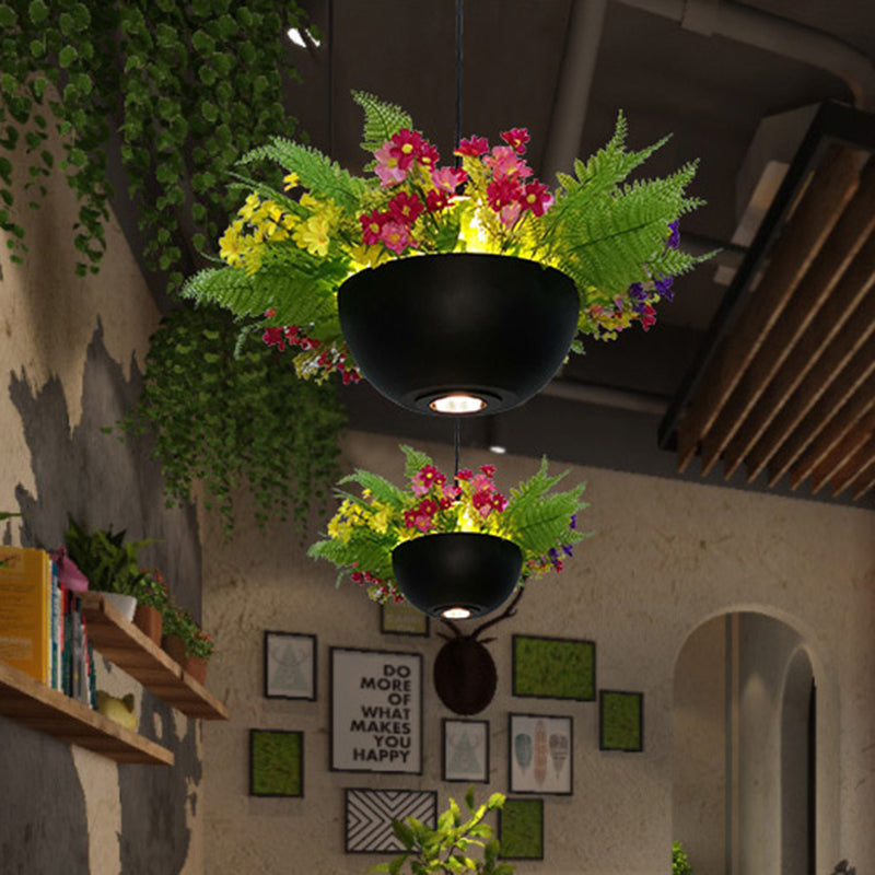 Industrial Bowl Flower Hanging Light 1 Bulb Metal LED Ceiling Suspension Lamp in Black for Restaurant