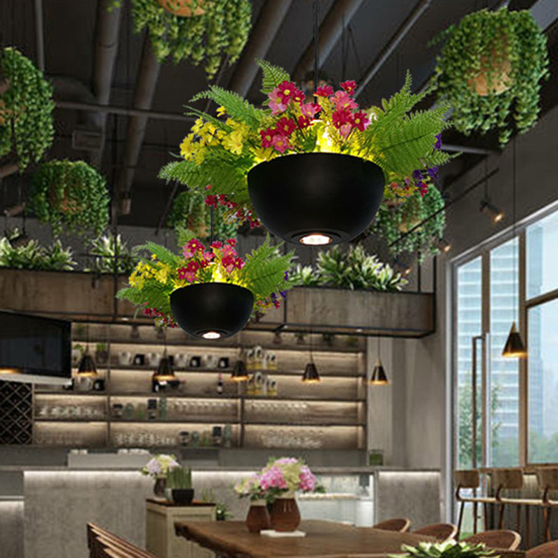 Industrial Bowl Flower Hanging Light 1 Bulb Metal LED Ceiling Suspension Lamp in Black for Restaurant