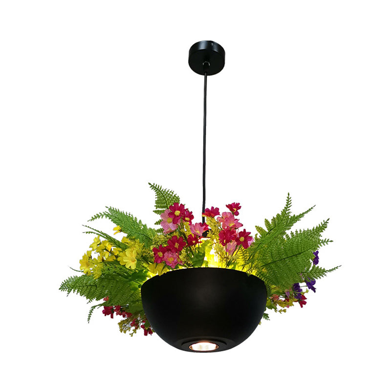 Industrial Bowl Flower Hanging Light 1 Bulb Metal LED Ceiling Suspension Lamp in Black for Restaurant