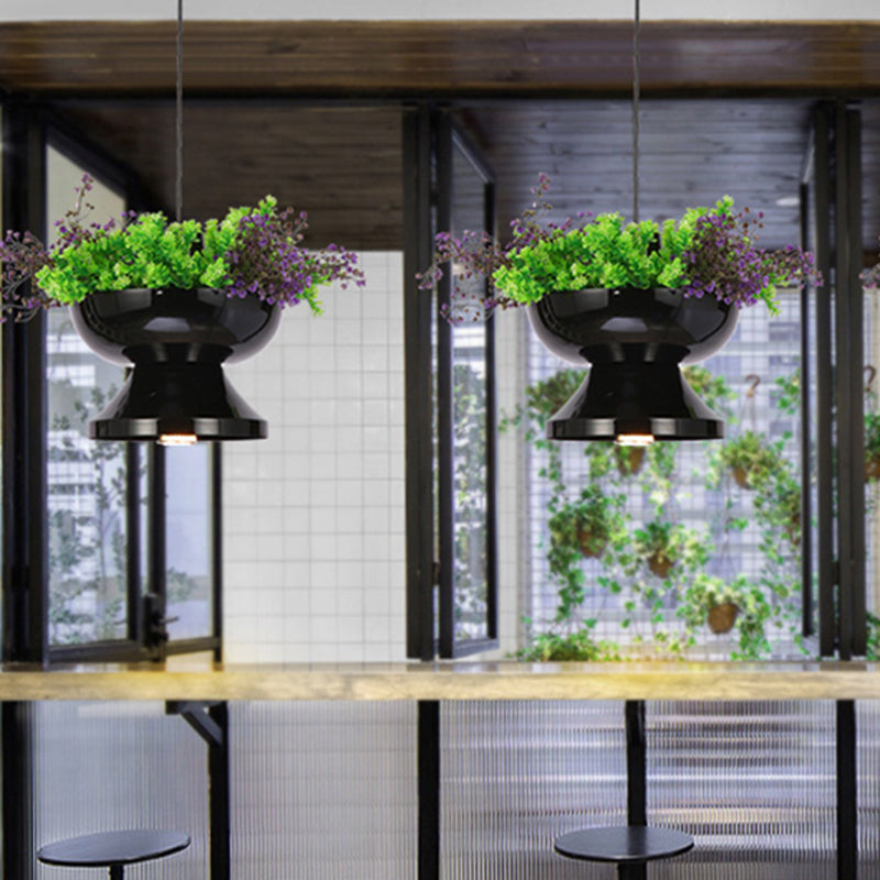 1 kop metalen hanglamp Antiek Zwarte potvorm Restaurant LED DOWN LIDING MET PLANT Decoratie