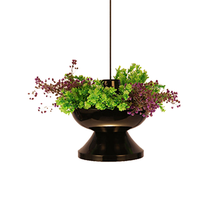 Lámpara colgante de metal de 1 cabeza de 1 cabezal con forma de restaurante con decoración de plantas de forma de maceta negro con decoración de plantas