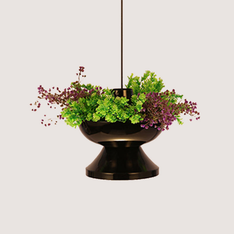 1 Head Metal Pendant Lamp Antique Black Hot Pot Shape Restaurant LED Down Lighting with Plant Decoration