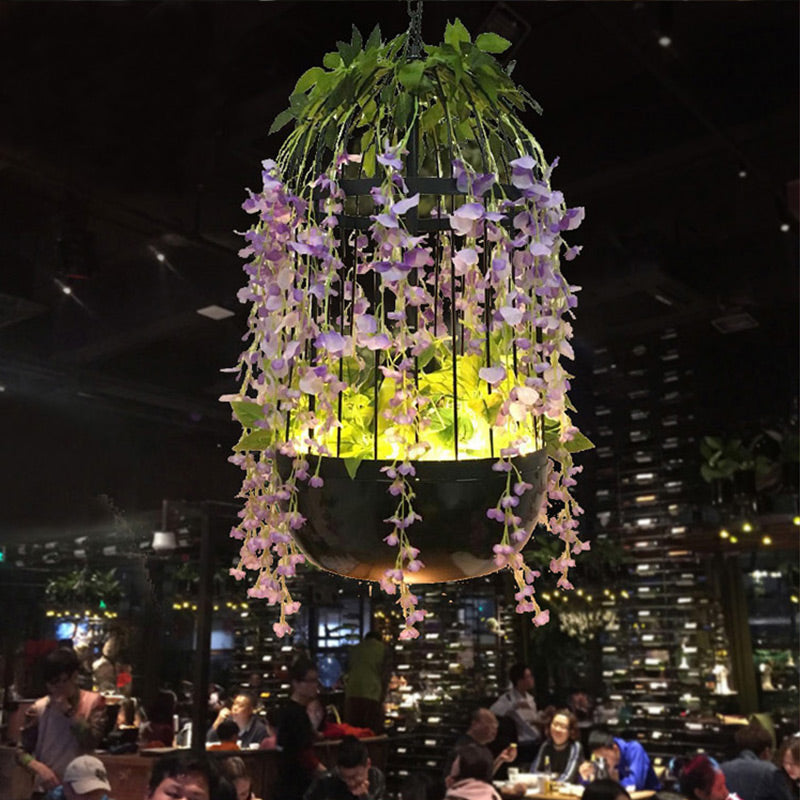 Birdcage Restaurant Pendant Ceiling Light Retro Metal 1 Head Black LED Drop Lamp with Flower Decor