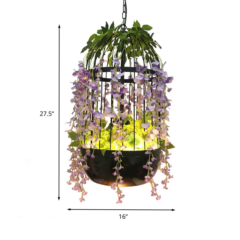 Birdcage Restaurant Pendant Ceiling Light Retro Metal 1 Head Black LED Drop Lamp with Flower Decor