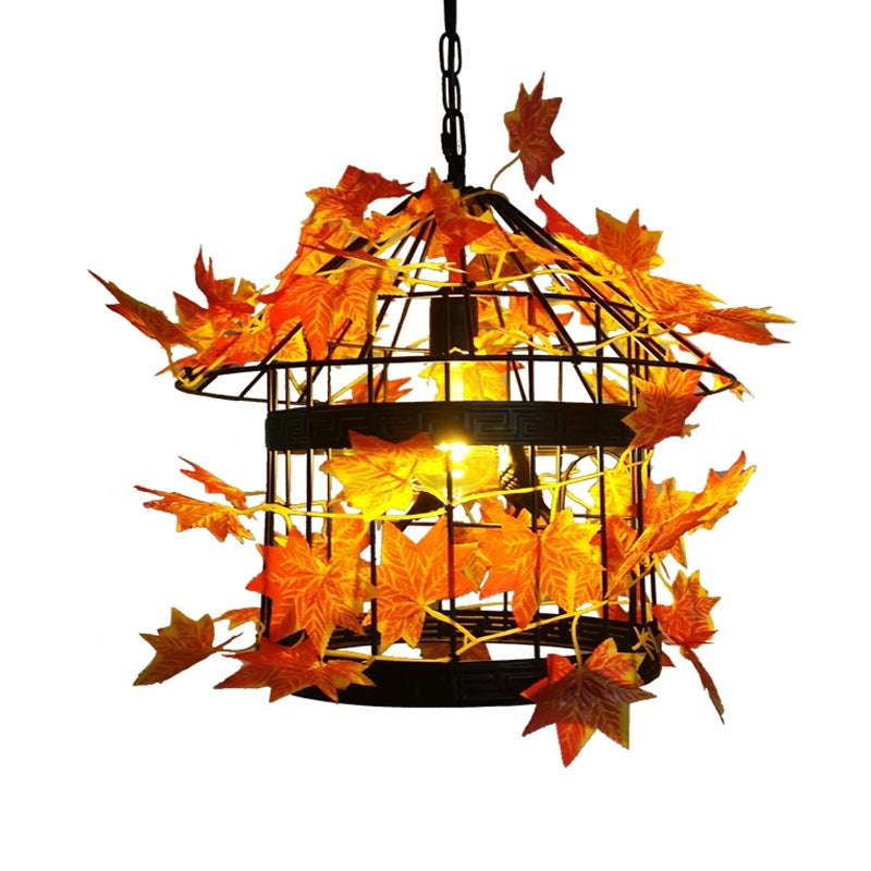 1 Bulb House Hanging Pendant Vintage Black Metal LED Ceiling Hang Fixture with Maple Leaf for Restaurant