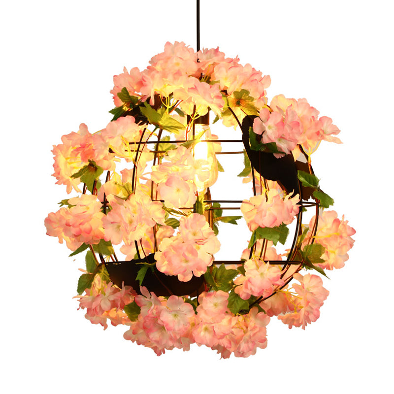 12"/16" Dia Metal Black Drop Lamp Orb 1 Head Industrial LED Down Lighting Pendant with Cherry Blossom