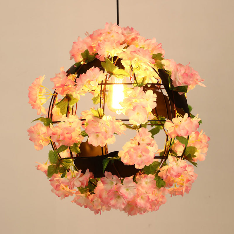 12"/16" Dia Metal Black Drop Lamp Orb 1 Head Industrial LED Down Lighting Pendant with Cherry Blossom