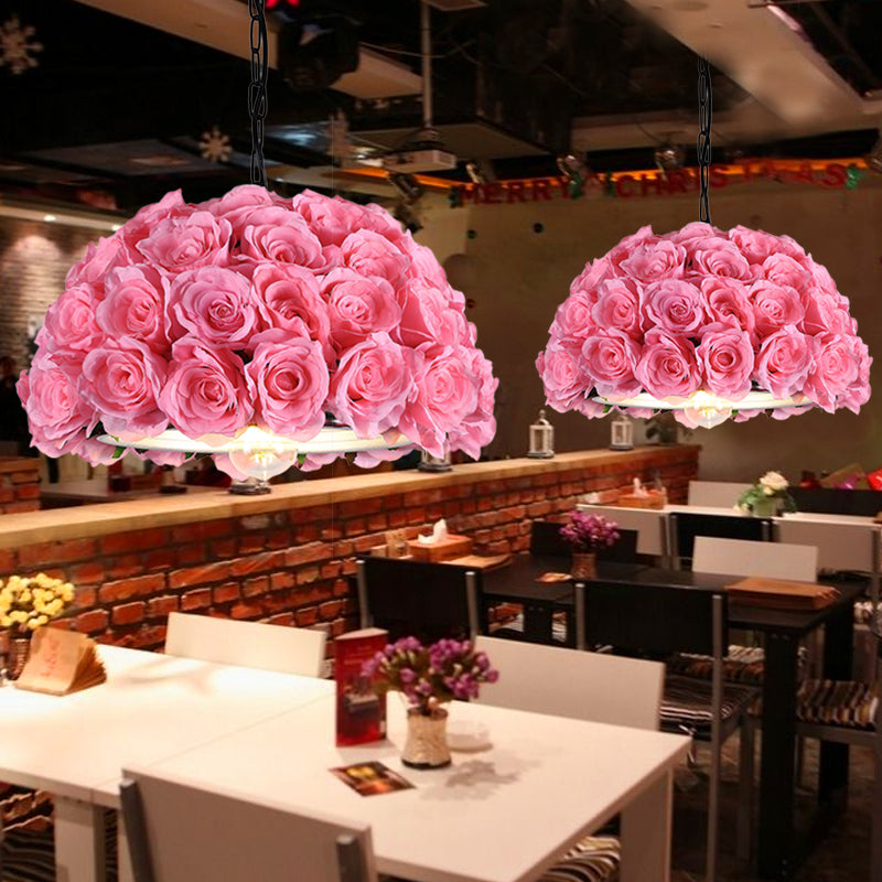 Industrial Dome Rose Down Lighting 1 Bulb LED Metal Pendant Light in Pink for Restaurant