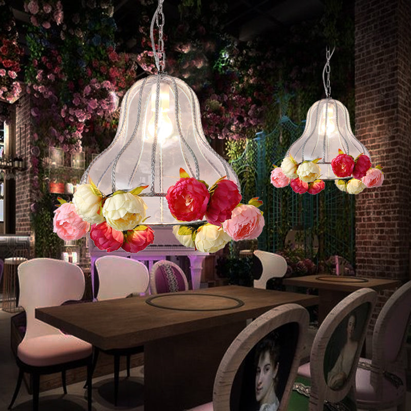 Metal White Hanging Light Gourd 1 Light Industrial LED Ceiling Lamp with Flower Decor for Restaurant