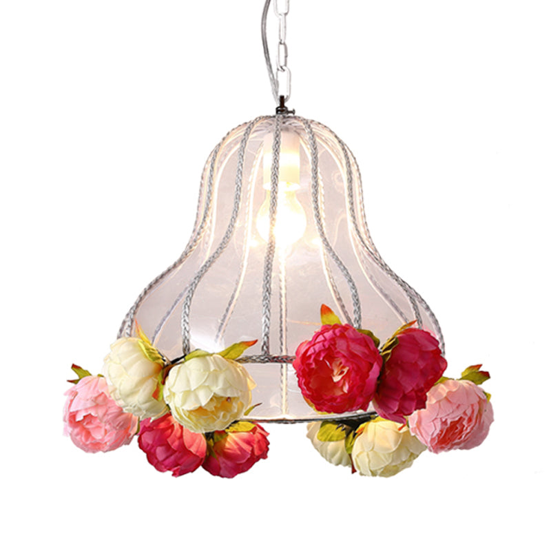 Metal White Hanging Light Gourd 1 Light Industrial LED Ceiling Lamp with Flower Decor for Restaurant