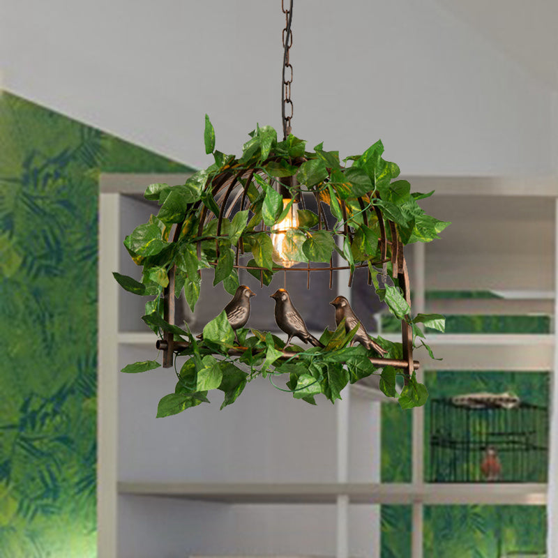 1 Bulb Birdcage Pendant Light Vintage Black Metal LED Plant Hanging Lamp for Restaurant