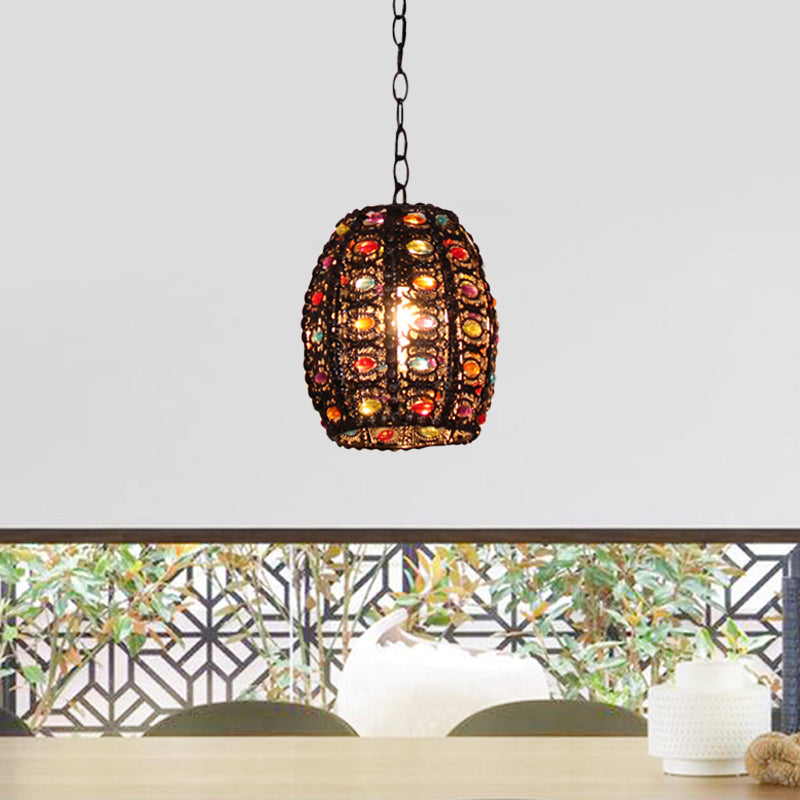 Stained Glass Bronze Hanging Pendant Cylinder/Rectangle/Barrel 1 Head Bohemian Drop Lamp for Living Room