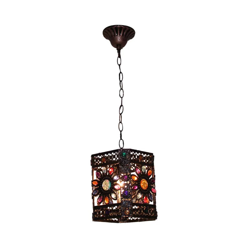 Stained Glass Rust Hanging Light Globe/Rectangle 1 Head Traditional Suspension Lamp for Dining Room