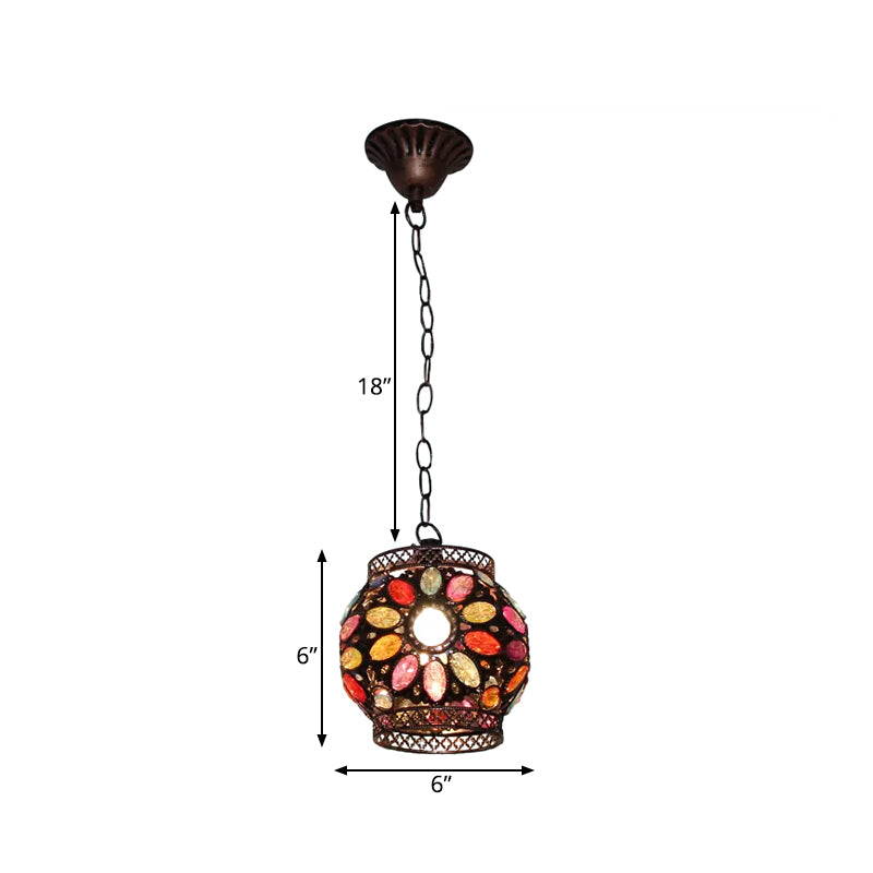 Stained Glass Rust Hanging Light Globe/Rectangle 1 Head Traditional Suspension Lamp for Dining Room